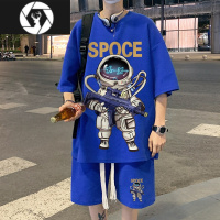 HongZun短袖t恤男士夏季潮牌宽松宇航员印花上衣青少年休闲运动套装