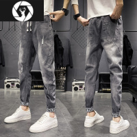 HongZun夏季薄款牛仔裤男士潮牌修身小脚休闲2023新款男生痞帅九分长裤子