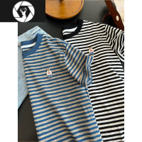 HongZun300斤大码蓝色条纹圆领短袖T恤男女夏款2023新款宽松减龄上衣