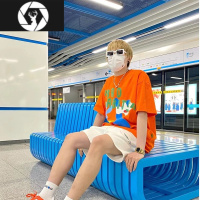 HongZun夏季情侣装韩版圆领橘黄色国潮兔子印花大码男士街头短袖T恤