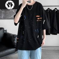 HongZun涂鸦油漆短袖t恤男ins夏季港风新款上衣服宽松痞帅五分袖