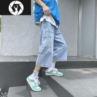 HongZun夏季复古水洗松紧腰牛仔短裤男士宽松直筒bf炸街抽绳阔腿七分裤子