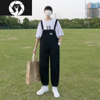 HongZun港风夏季工装背带裤男宽松韩版潮流九分吊带裤情侣ins潮连体裤子