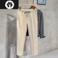 HongZun春夏季垂坠感休闲小西裤男士潮牌简约纯色松紧腰直筒九分系绳西裤