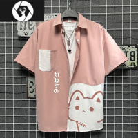 HongZun夏季日系短袖衬衫青少年可爱猫咪潮牌男韩版ins潮流帅气学生衬衣