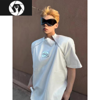 HongZun夏季美式高街嘻哈金属标设计高级感半袖短袖双拉链T恤痞帅男潮牌