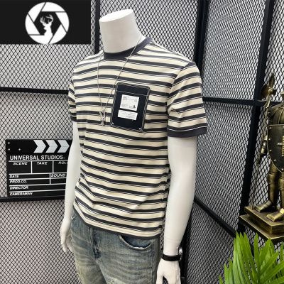 HongZun2023夏季新款条纹短袖T恤男口袋装饰贴标绣潮流百搭男士透气上衣