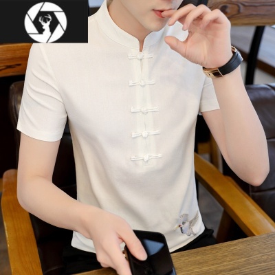 HongZun2023新款夏季棉麻短袖t恤男士立领中国风大码唐装盘扣上衣薄汉服