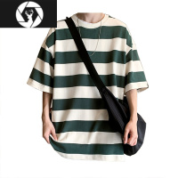 HongZun条纹短袖t恤男潮流圆领盐系男友风穿搭工装短裤高街嘻哈夏季套装