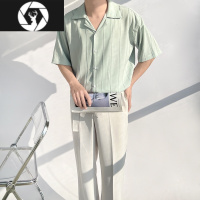 HongZun古巴领免烫竖条纹理设计感男半短袖衬衫宽松高级垂坠休闲夏季