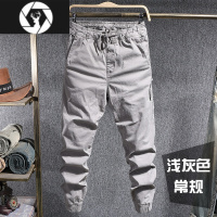 HongZun夏季新款松紧腰浅灰色韩版潮流休闲裤男士青年潮牌小脚束脚工装裤