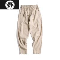 HongZun中国风亚麻棉宽松休闲裤男萝卜哈伦裤阔腿裤九分裤唐装加绒裤子男