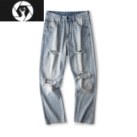 HongZun2023年新款美式休闲宽松微喇破洞重工水洗做旧街头潮流牛仔裤