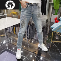 HongZun2023春夏季欧洲站牛仔裤男重工烫钻印花潮牌帅气休闲修身小脚长裤