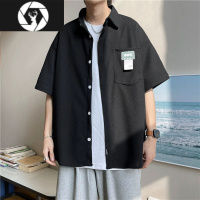 HongZun夏季日系薄款ins华夫格衬衫短袖男潮流贴标休闲宽松开衫半袖衬衣