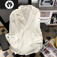 HongZun古巴领衬衫男夏季长袖白色潮流潮牌高级薄款宽松休闲垂感冰丝衬衣