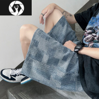 HongZun提花格子牛仔短裤男潮牌夏季薄款休闲中裤美式大码宽松5五分裤子