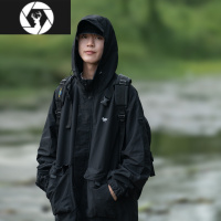 HongZun孤僻星球美式复古休闲多口袋机能冲锋外套ins男女黑色连帽夹克
