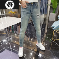 HongZun2023夏季浅蓝色简约牛仔裤男网红老佛爷烫钻休闲百搭修身小脚裤潮