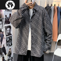 HongZunins痞帅长袖衬衫男港风夏季休闲外套潮牌宽松百搭慵懒风印花衬衣