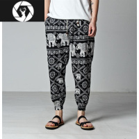 HongZun泰国大象裤子男宽松阔腿裤民族风棉麻灯笼裤休闲九分裤胖子花裤子