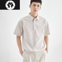 HongZun轻奢POLO男夏季纱竖条纹轻熟风短袖衬衫设计感小众翻领休闲衬衣男