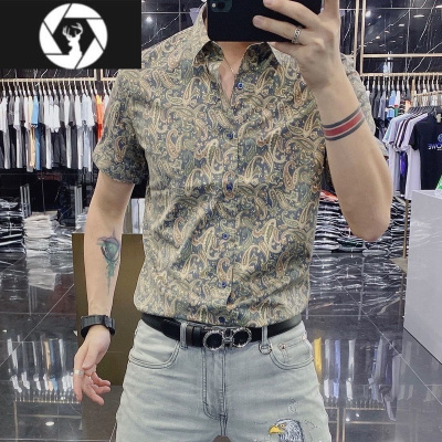 HongZun夏季2023韩版新款个性印花短袖衬衫男士高端潮流休闲开衫青年体恤