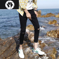 HongZun黑色破洞牛仔裤休闲裤男25紧身裤潮流九分裤乞丐裤修身小脚2627码