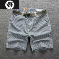 HongZun美式条纹牛仔短裤男潮牌宽松直筒五分马裤男士夏天薄款休闲中裤子