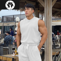 HongZun健身螺纹无袖背心宽肩弹力速干纯色打底衫修身坑条休闲肌肉男T恤