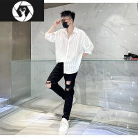 HongZun浪潮夏季新款纹理褶皱时尚百搭七分袖衬衫宽松休闲上衣