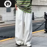 HongZun日系复古白色polo男裤子阔腿工装裤潮牌宽松直筒街头风休闲灯笼裤