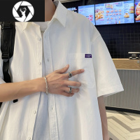 HongZun白色衬衫男夏季纯色百搭五分袖日系衬衣港风翻领休闲薄款短袖外套