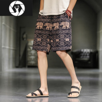 HongZun短裤男夏季薄款亚麻五分裤泰国大象速干沙滩裤潮牌复古男士大裤衩