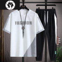 HongZun夏季华夫格T恤套装男潮牌休闲青年学生宽松短袖长裤一套运动衣服