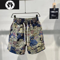 HongZun夏季情侣棉麻小熊提花运动五分短裤潮流时尚宽松透气休闲沙滩裤男