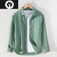 HongZun春季亚麻衬衫男长袖宽松休闲薄款纯色日系复古工装防晒白棉麻衬衣