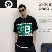 HongZun徐太浪撞色费尔岛印花短袖T恤男夏季男装五分袖体恤上衣