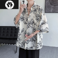 HongZun水墨花衬衫男短袖夏季高级感痞帅潮牌男装休闲衬衣宽松青少年半袖