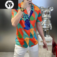 HongZun夏季轻奢新款高端男士时尚休闲不规则撞色兔子印花短袖西装西服男