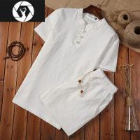 HongZun套装中国风男装短袖t恤亚麻棉麻料民族复古风休闲佛系禅意衣服装