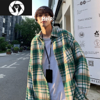 HongZun春季新款日系毛呢格子长袖衬衣男士休闲痞帅宽松衬衫外套