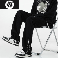 HongZun黑色牛仔裤男夏季美式高街vibe裤脚拉链直筒裤子潮牌宽松休闲长裤