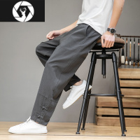 HongZun中国风盘扣亚麻男裤子夏季宽松哈伦裤唐装棉麻休闲裤麻料直筒长裤