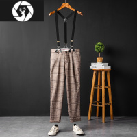 HongZun英伦复古格子休闲裤男 可拆卸直筒百搭吊带裤男女伴郎韩版背带裤