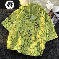 HongZun特大码300斤牛油果满印短袖衬衫男夏季宽松港风复古休闲痞帅衬衣2