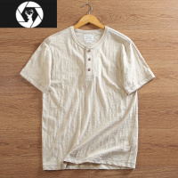 HongZun单 竹节棉+亚麻 夏季男士薄款透气纯色亨利领硬汉休闲短袖T恤