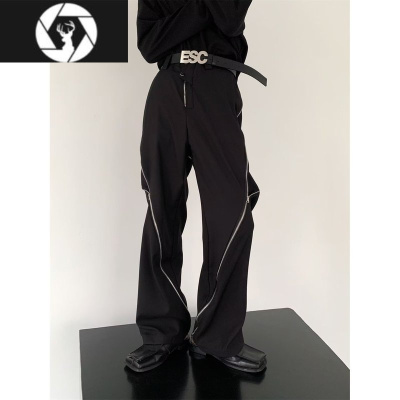 HongZun美式结构设计感小众拉链开叉西裤男春秋垂感直筒高级感休闲长裤子