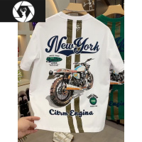 HongZun夏季摩托车印花圆领T恤短袖男士潮流百搭宽松休闲t恤青年打底半袖