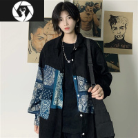 HongZun妈个鸡妈 韩国ins嘻哈秋季腰果花拼接长袖衬衫休闲宽松衬衣男女潮